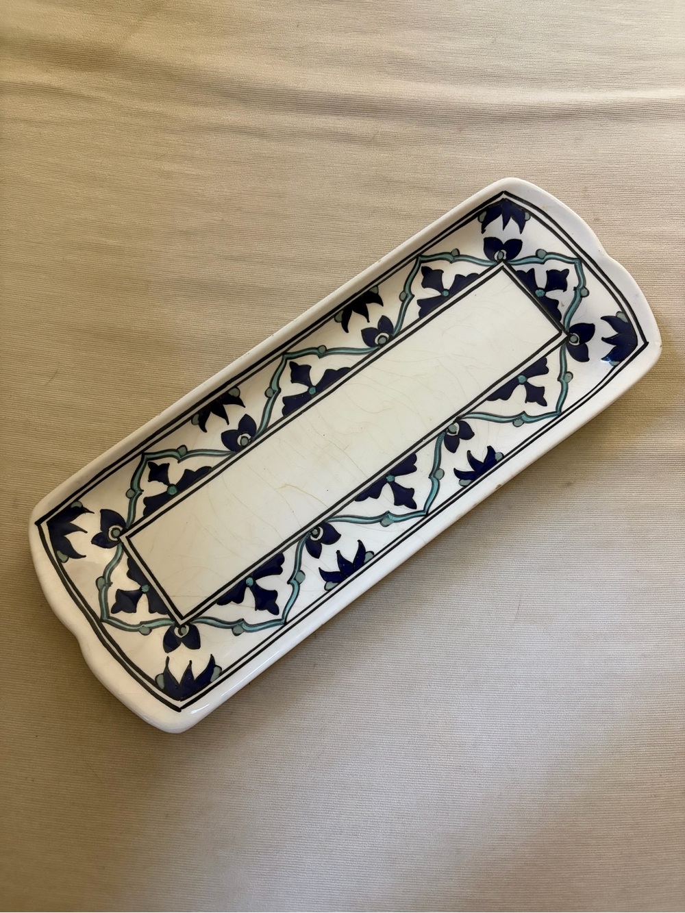 Decorative Ceramic Serving Tray - Blue & Teal Tunisian Floral Border